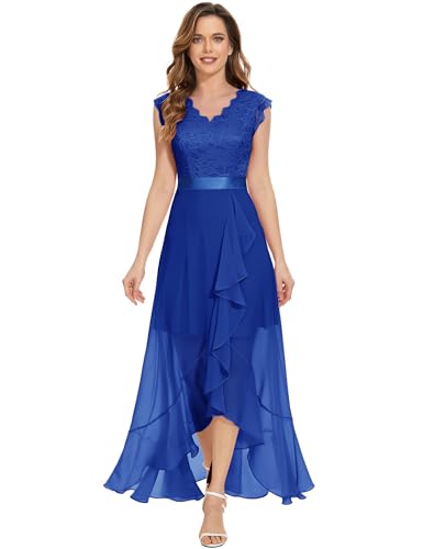 Dressystar Damen Vokuhila Abendkleider Hochzeit Festlich Sommerkleid Maxi Lang Rüschen Partykleid für Hochzeitsgäste Royalblau L von Dressystar