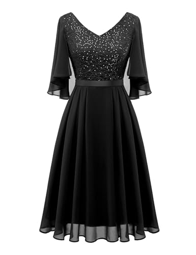 Dressystar Hochzeitsgast Kleid Damen Cocktailkleid Damen mit Ärmeln Kleid Chiffon Damen Festlich Aup7090 Black S von Dressystar