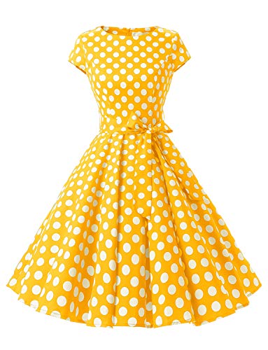 Dressystar-Kleid „Audrey-Hepburn“, klassisches Retrodesign, im Stil der 50er- und 60er Jahre ohne Ärmel Gr. X-Large, Gelb mit weißen Punkten B von Dressystar