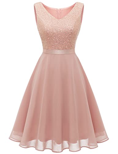 Dressystar Paillettenkleid Damen Elegant Glitzer Cocktailkleid Sommer Jugendweihes Kleid Brautkleid Partykleid Blush XS von Dressystar