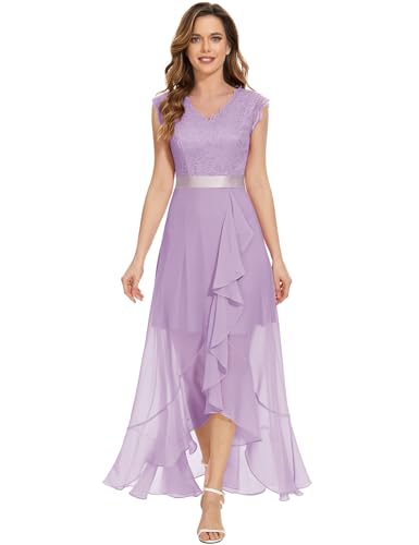 Dressystar V-Ausschnitt Abendkleid Lang Elegant für Hochzeit Hi-Lo Hochzeitsgast Maxi Floral Spitze Abschlussball Kleid Lavendel XXL von Dressystar