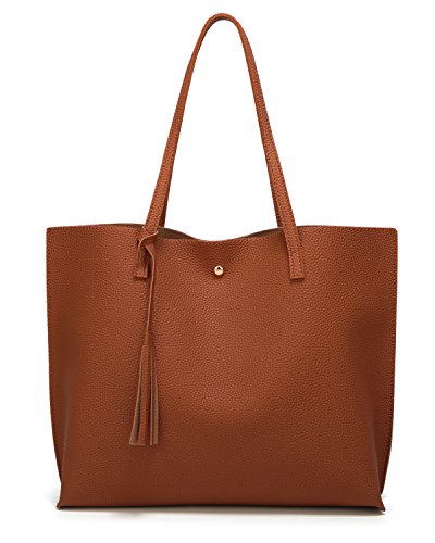 Dreubea Damen Schultertasche aus weichem Kunstleder, große Kapazität, Quasten-Handtasche, braun, Large von Dreubea