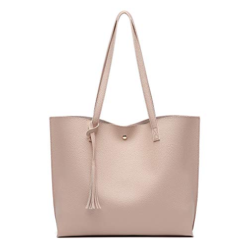 Dreubea Damen-Schultertasche aus weichem Kunstleder mit großen Quasten und großer Kapazität, Beige (Apricot Pink), Large von Dreubea