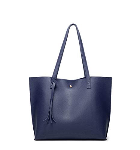 Dreubea Damen Weiche Kunstleder Tote Schultertasche Große Kapazität Quaste Handtasche, Blau (dunkelblau), Medium von Dreubea