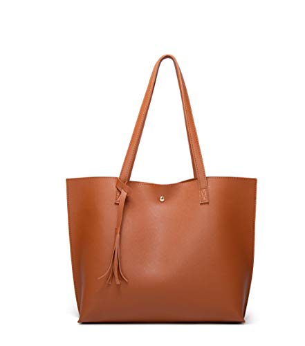 Dreubea Damen Weiche Kunstleder Tote Schultertasche Große Kapazität Quaste Handtasche, Braun (Braun Neu), Large von Dreubea