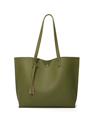 Dreubea Damen Weiche Kunstleder Tote Schultertasche Große Kapazität Quaste Handtasche, Grün (Dunkles Olivgrün), Medium von Dreubea
