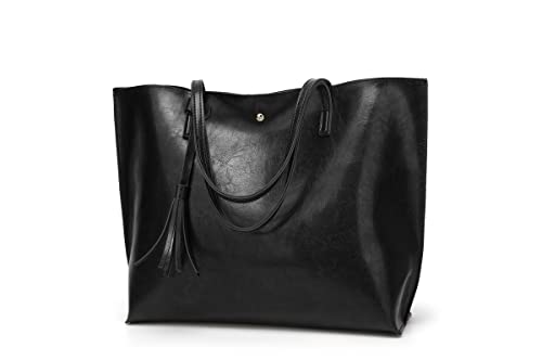 Dreubea Damen Weiche Kunstleder Tote Schultertasche Große Kapazität Quaste Handtasche, Schwarz (Schwarzer, neuer Stil), Large von Dreubea