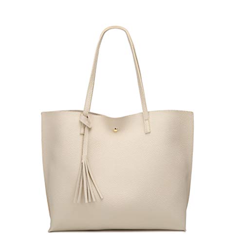 Dreubea Damen Weiche Kunstleder Tote Schultertasche Große Kapazität Quaste Handtasche, Weiá (beige), Large von Dreubea