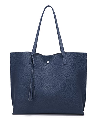 Dreubea Damen Weiche Kunstleder Tote Schultertasche Große Kapazität Quaste Handtasche, Blau (dunkelblau), Medium von Dreubea