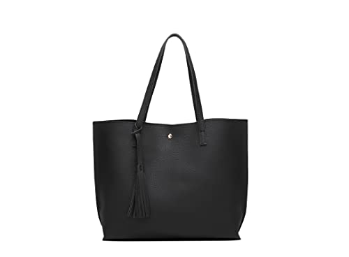 Dreubea Schultertasche Damen aus weichem Kunstleder mit Quasten, Schwarz (schwarz), Medium von Dreubea