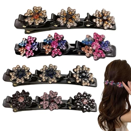 4 Doppelschicht Haarspangen für Frauen Mädchen, Haarspangen mit Funkelnden Kristallsteinen, Glitzernde Kristall Stein Geflochtene Haarspangen, Strass Haarspange, Elegante Kristall Haarspange von Dreuhuing