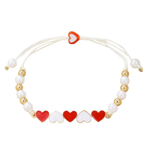 Dreuyet Herz-Armbänder für Frauen, einfaches rotes Liebesherz, Xoxo, künstliche Perlenarmband, handgefertigt, charmant, gewebt, verstellbares Armband, Medium, Kunstperlen, Kein Edelstein von Dreuyet