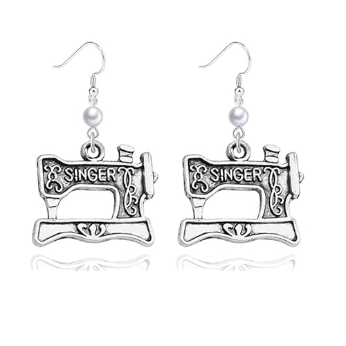 Dreuyet Perlen-Ohrringe für Damen, einzigartige silberfarbene Näh- und Stricknadeln, Häkelohrringe für Stricker, Nähliebhaber, Schmuck, Geschenk (Singer Nähmaschine) von Dreuyet