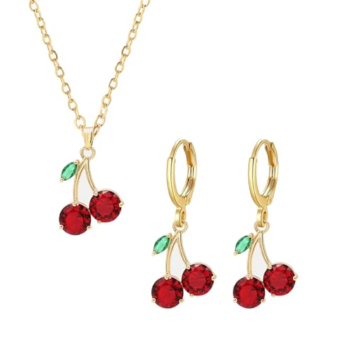 Dreuyet Rote Kristall-Kirsch-Ohrring-Halsketten-Set für Damen, personalisierbar, kreativ, Kirschfrucht, Creolen-Ohrring-Anhänger, Halskette, niedlicher Sommer, tropische Früchte, grünes Dreuyet Rote Kristall-Kirsch-Ohrring-Halsketten-Set für Damen, personalisierbar, kreativ, Kirschfrucht, Creolen-Ohrring-Anhänger, Halskette, niedlicher Sommer, tropische Früchte, grünes von Dreuyet