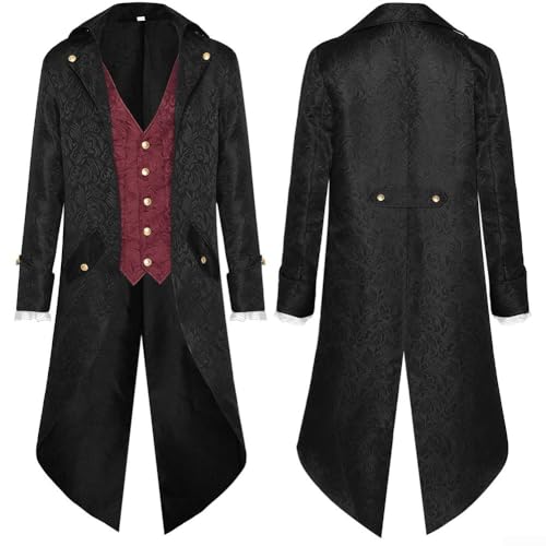 Herren Mittelalter Steampunk Jacke Gothic Frack Mantel,Halloween Piraten Vampir Cosplay Kostüme für Männer, Bestickte Viktorianische Renaissance Retro Mantel(2XL Red) von Drhomeam