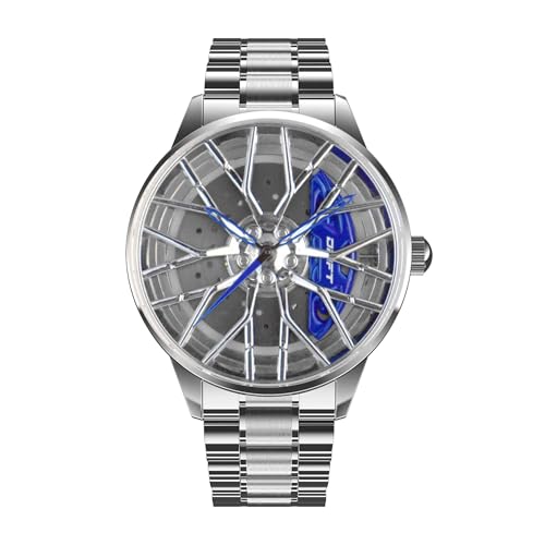 DriftElement Motorsport Felgenuhr Herren - Sportwagen Männer Armbanduhr im 3D Design der Sternspeichen M8 Felge aus Edelstahl - Custom Designer Uhr mit Mineralglas (Silber-blau) von DriftElement