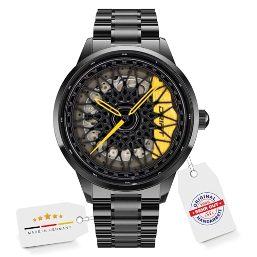 DriftElement Racing Swiss Rim Uhr – Motorsport-inspirierte Felgenuhr mit Schweizer Uhrwerk und verstellbarem Armband, Autoliebhaber (Gelb) von DriftElement
