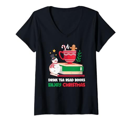 Damen Drink Tea Read Books Love Christmas Cute Teetasse Xmas Snowman T-Shirt mit V-Ausschnitt von Drink Tea Read Books Love Christmas Cute Teacup