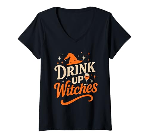 Damen Drink Up Witches Weinglas Halloween Bachelorette Trinken T-Shirt mit V-Ausschnitt von Drink Up Witches Women's Halloween Party Tee Shirt