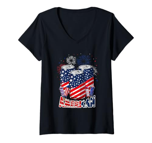 Damen American 4th Of July US Flag Patriotic Drinking Beer Drinker T-Shirt mit V-Ausschnitt von Drinking Beer 4th Of July Costume