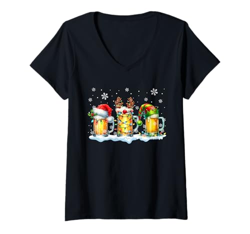 Damen Drei Weihnachtsmann Rentier Elf Gläser Bier Weihnachten Drunker T-Shirt mit V-Ausschnitt Damen Drei Weihnachtsmann Rentier Elf Gläser Bier Weihnachten Drunker T-Shirt mit V-Ausschnitt von Drinking Beer Christmas Costume