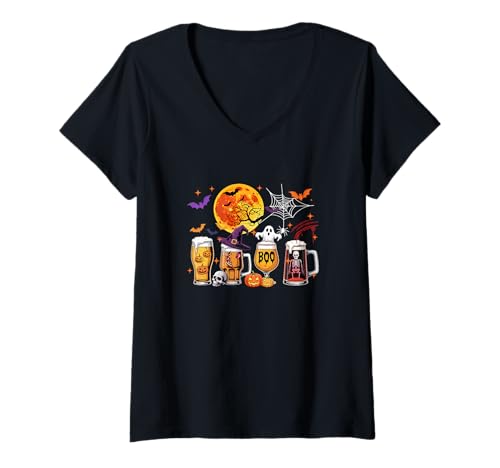 Damen Collection Beer Glasses Halloween Witch Boo Skeleton Drinker T-Shirt mit V-Ausschnitt von Drinking Beer Halloween Costume