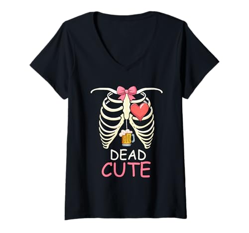 Damen Dead Halloween Joke Beer Inside Skeleton Rib Cage Bow Tie T-Shirt mit V-Ausschnitt Damen Dead Halloween Joke Beer Inside Skeleton Rib Cage Bow Tie T-Shirt mit V-Ausschnitt von Drinking Beer Halloween Costume