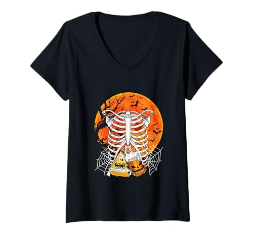 Damen Horror Beer Nacho Inside Rib Cage X-ray Skeleton Halloween T-Shirt mit V-Ausschnitt Damen Horror Beer Nacho Inside Rib Cage X-ray Skeleton Halloween T-Shirt mit V-Ausschnitt von Drinking Beer Halloween Costume