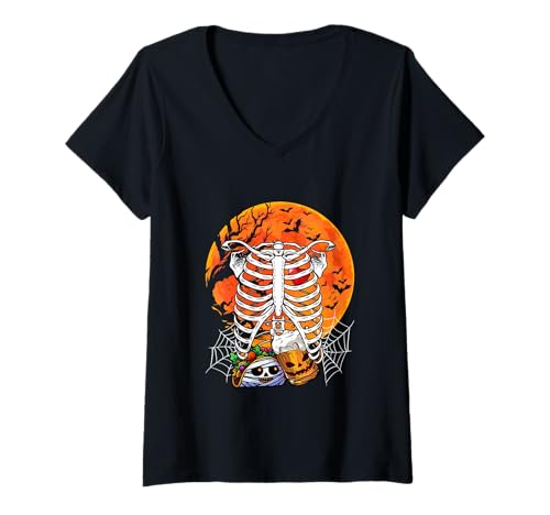 Damen Horror Beer Taco Inside Rib Cage X-ray Skeleton Halloween T-Shirt mit V-Ausschnitt von Drinking Beer Halloween Costume