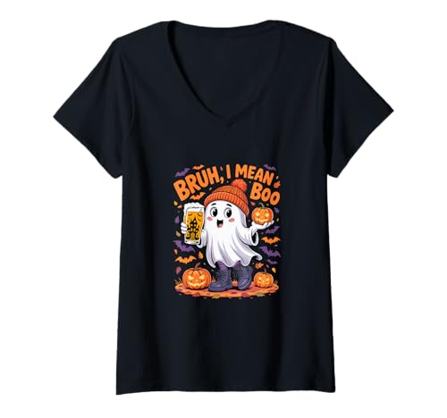 Damen I Mean Boo Funny Joke Boo Ghost Drinking Beer Halloween T-Shirt mit V-Ausschnitt von Drinking Beer Halloween Costume