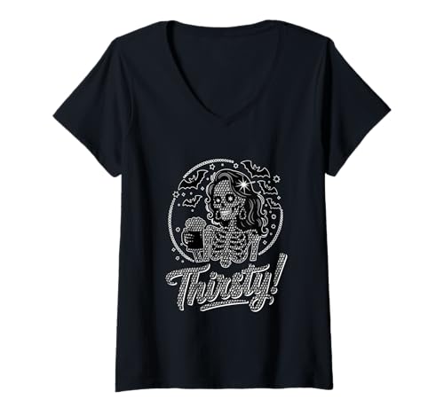 Damen Thirsty Halloween Skeleton Woman Drinking Beer Drinker Party T-Shirt mit V-Ausschnitt von Drinking Beer Halloween Costume
