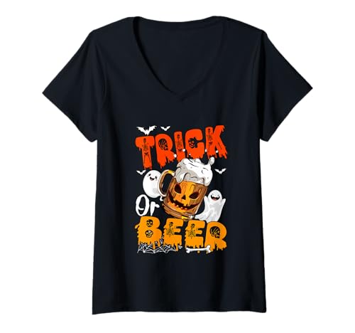 Damen Trick Or Beer Halloween Drunker Beer Glasses Boo Ghosts T-Shirt mit V-Ausschnitt Damen Trick Or Beer Halloween Drunker Beer Glasses Boo Ghosts T-Shirt mit V-Ausschnitt von Drinking Beer Halloween Costume