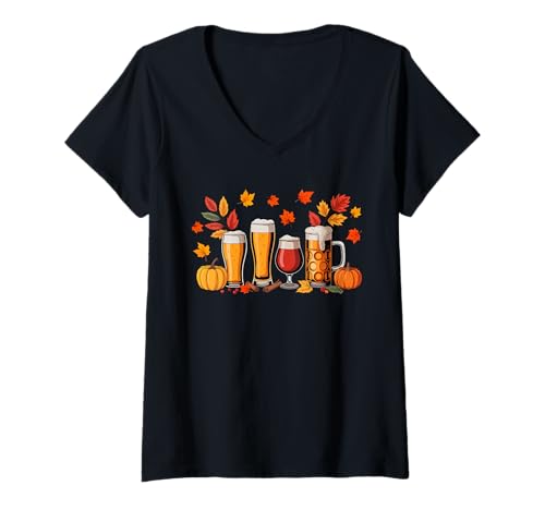 Damen Beer Glasses Collection Thanksgiving Fall Leaves Drinker T-Shirt mit V-Ausschnitt von Drinking Beer Thanksgiving Costume