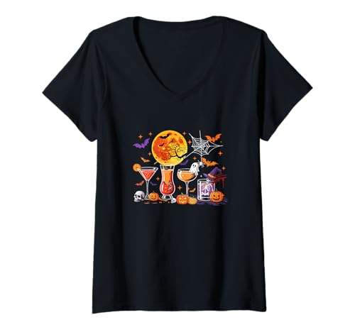 Damen Collection Cocktail Glasses Halloween Witch Boo Skeleton T-Shirt mit V-Ausschnitt von Drinking Halloween Costume