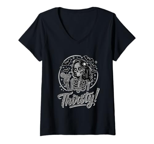 Damen Thirsty Halloween Skeleton Woman Drinking Cocktail Drinker T-Shirt mit V-Ausschnitt von Drinking Halloween Costume