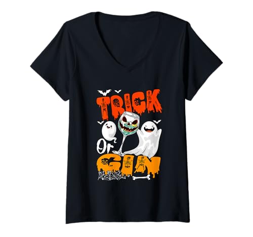 Damen Trick Or Gin Halloween Drunker Gin Glasses Boo Ghosts T-Shirt mit V-Ausschnitt von Drinking Halloween Costume