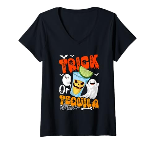 Damen Trick Or Tequila Halloween Drunker Tequila Glasses Boo T-Shirt mit V-Ausschnitt von Drinking Halloween Costume