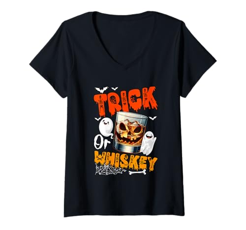 Damen Trick Or Whiskey Halloween Drunker Whiskey Glasses Boo T-Shirt mit V-Ausschnitt von Drinking Halloween Costume