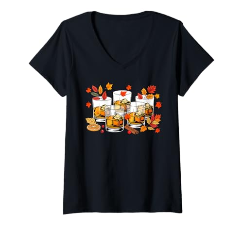 Damen Whiskey Glasses Collection Thanksgiving Fall Leaves Drinker T-Shirt mit V-Ausschnitt von Drinking Thanksgiving Costume