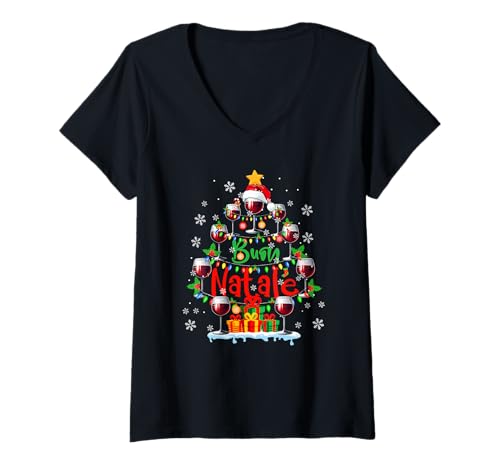 Damen Buon Natale Xmas Tree Santa Wine Glasses Italian Drinker T-Shirt mit V-Ausschnitt von Drinking Wine Christmas Costume