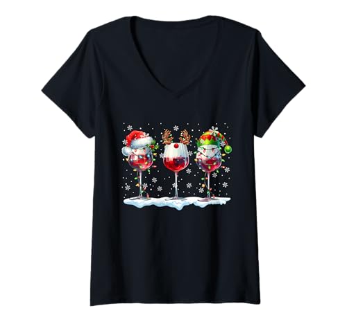 Damen DREI Weingläser mit Weihnachtsmann Rentier Elfe T-Shirt mit V-Ausschnitt von Drinking Wine Christmas Costume