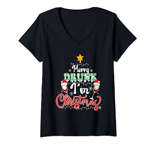 Damen Merry Drunk I'm Christmas Two Santa Wine Glasses Drinker T-Shirt mit V-Ausschnitt von Drinking Wine Christmas Costume