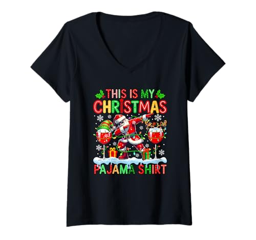 Damen My Xmas Pajama Shirt Santa Dabbing Elf Reindeer Wine Glasses T-Shirt mit V-Ausschnitt von Drinking Wine Christmas Costume