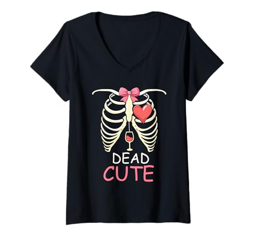 Damen Dead Halloween Joke Wine Inside Skeleton Rib Cage Bow Tie T-Shirt mit V-Ausschnitt von Drinking Wine Halloween Costume