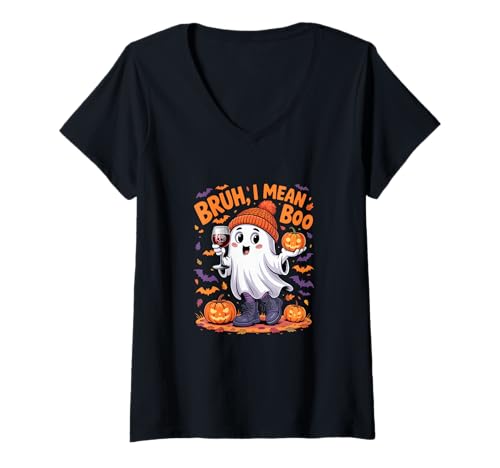 Damen I Mean Boo Funny Joke Boo Ghost Drinking Wine Halloween T-Shirt mit V-Ausschnitt von Drinking Wine Halloween Costume