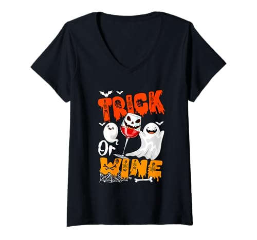 Damen Trick Or Wine Halloween Drunker Wine Glasses Boo Ghosts T-Shirt mit V-Ausschnitt von Drinking Wine Halloween Costume