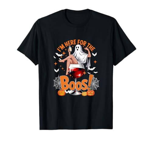 Here for Boos Halloween Women Cosplay Boo On Wine Glass T-Shirt von Drinking Wine Halloween Costume