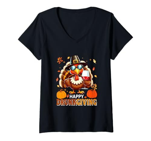Damen Happy Thanksgiving Drunker Turkey Sunglasses Drinking Wine T-Shirt mit V-Ausschnitt Damen Happy Thanksgiving Drunker Turkey Sunglasses Drinking Wine T-Shirt mit V-Ausschnitt von Drinking Wine Thanksgiving Costume
