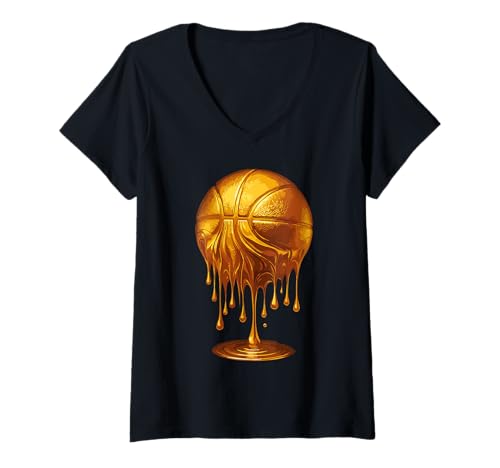 Damen Lustiger Golden Drip-Basketball, Cooler ästhetischer Sport-Dunk-Liebhaber T-Shirt mit V-Ausschnitt von Dripping Golden Basketball Art Cool Streetwear