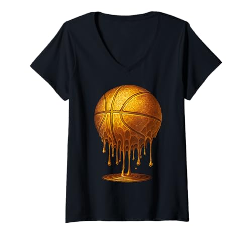 Damen Lustiger Golden Drip-Basketball, Cooler ästhetischer Sport-Dunk-Liebhaber T-Shirt mit V-Ausschnitt von Dripping Golden Basketball Art Cool Streetwear
